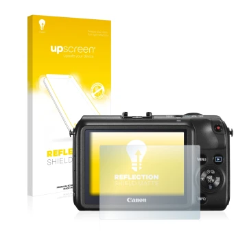 Parte frontal de un envase de producto con el logotipo de la marca upscreen. Al lado se muestra el dispositivo Canon EOS M con