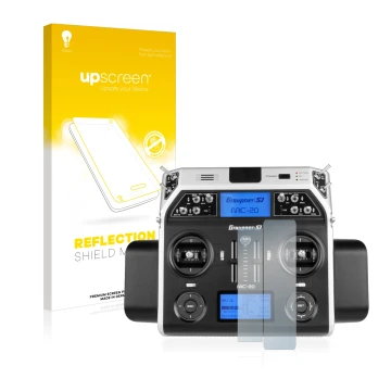 Parte frontal de un envase de producto con el logotipo de la marca upscreen. Al lado se muestra el dispositivo Graupner MC-20 