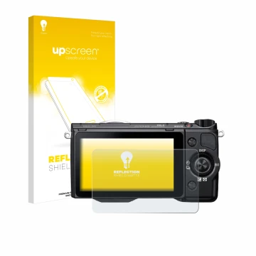 Parte frontal de un envase de producto con el logotipo de la marca upscreen. Al lado se muestra el dispositivo Sony Alpha NEX-