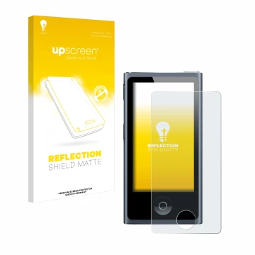 Parte frontal de un envase de producto con el logotipo de la marca upscreen. Al lado se muestra el dispositivo Apple iPod nano