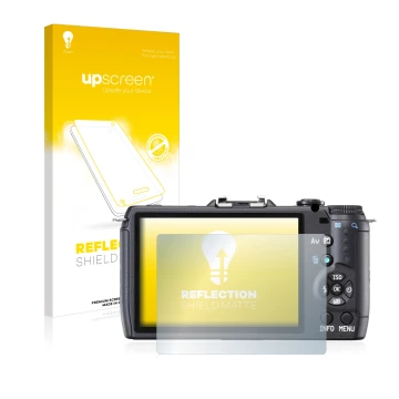 Parte frontal de un envase de producto con el logotipo de la marca upscreen. Al lado se muestra el dispositivo Pentax Q10 con 
