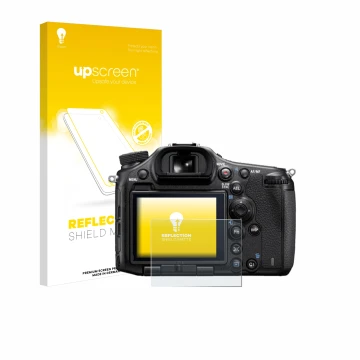 Parte frontal de un envase de producto con el logotipo de la marca upscreen. Al lado se muestra el dispositivo Sony Alpha 99 c