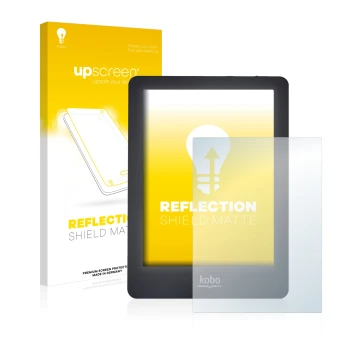 Parte frontal de un envase de producto con el logotipo de la marca upscreen. Al lado se muestra el dispositivo Kobo Glo con su