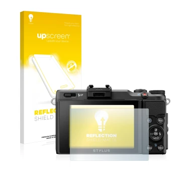 Parte frontal de un envase de producto con el logotipo de la marca upscreen. Al lado se muestra el dispositivo Olympus Stylus 