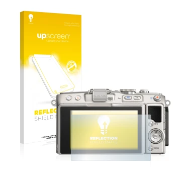 Parte frontal de un envase de producto con el logotipo de la marca upscreen. Al lado se muestra el dispositivo Olympus PEN Lit