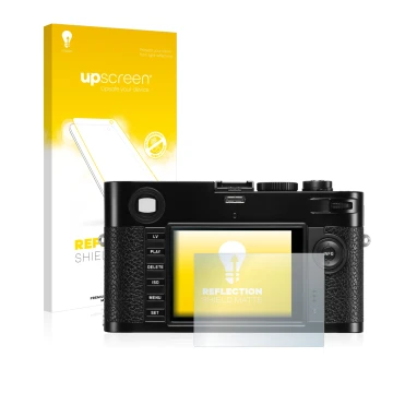 Parte frontal de un envase de producto con el logotipo de la marca upscreen. Al lado se muestra el dispositivo Leica M (Typ 24