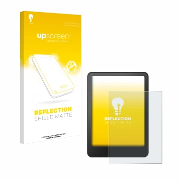 Parte frontal de un envase de producto con el logotipo de la marca upscreen. Al lado se muestra el dispositivo Amazon Kindle P