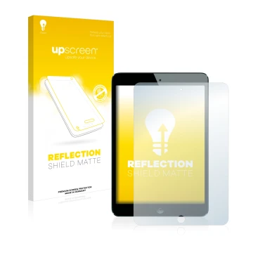 Parte frontal de un envase de producto con el logotipo de la marca upscreen. Al lado se muestra el dispositivo Apple iPad Mini