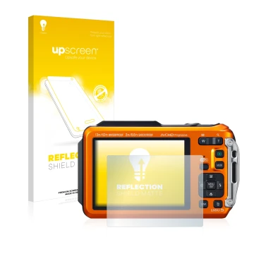 Parte frontal de un envase de producto con el logotipo de la marca upscreen. Al lado se muestra el dispositivo Panasonic Lumix