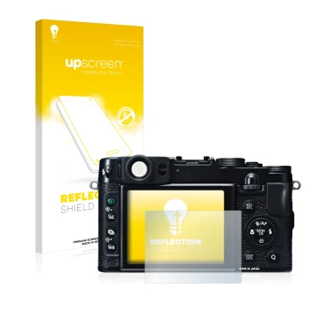 Parte frontal de un envase de producto con el logotipo de la marca upscreen. Al lado se muestra el dispositivo Fujifilm X20 co