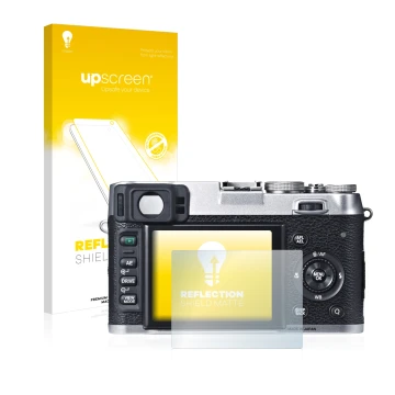Parte frontal de un envase de producto con el logotipo de la marca upscreen. Al lado se muestra el dispositivo Fujifilm X100S 