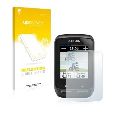 Parte frontal de un envase de producto con el logotipo de la marca upscreen. Al lado se muestra el dispositivo Garmin Edge 510