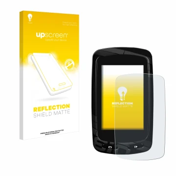 Parte frontal de un envase de producto con el logotipo de la marca upscreen. Al lado se muestra el dispositivo Garmin Edge 810