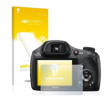 Parte frontal de un envase de producto con el logotipo de la marca upscreen. Al lado se muestra el dispositivo Sony Cyber-Shot