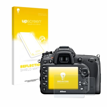 Parte frontal de un envase de producto con el logotipo de la marca upscreen. Al lado se muestra el dispositivo Nikon D7100 con