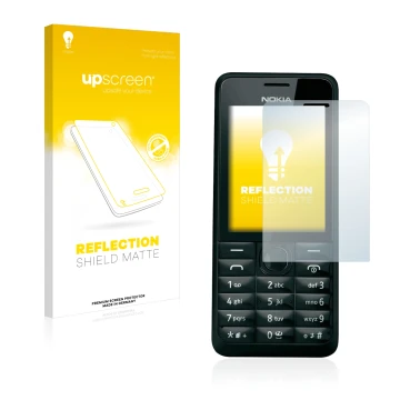Parte frontal de un envase de producto con el logotipo de la marca upscreen. Al lado se muestra el dispositivo Nokia 301 con s