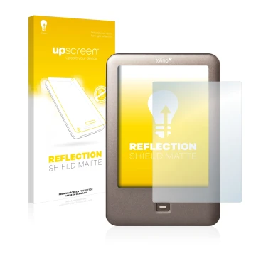 Parte frontal de un envase de producto con el logotipo de la marca upscreen. Al lado se muestra el dispositivo Tolino Shine co