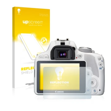 Parte frontal de un envase de producto con el logotipo de la marca upscreen. Al lado se muestra el dispositivo Canon EOS 100D 