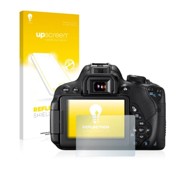 Parte frontal de un envase de producto con el logotipo de la marca upscreen. Al lado se muestra el dispositivo Canon EOS 700D 