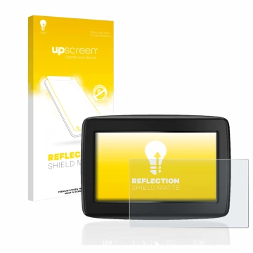 Parte frontal de un envase de producto con el logotipo de la marca upscreen. Al lado se muestra el dispositivo TomTom Start 20