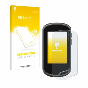 Parte frontal de un envase de producto con el logotipo de la marca upscreen. Al lado se muestra el dispositivo Garmin Oregon 6