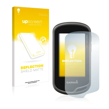 Parte frontal de un envase de producto con el logotipo de la marca upscreen. Al lado se muestra el dispositivo Garmin Oregon 6