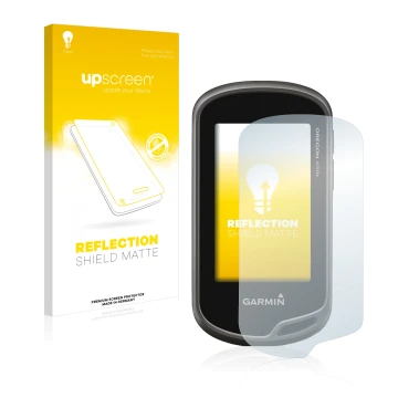 Parte frontal de un envase de producto con el logotipo de la marca upscreen. Al lado se muestra el dispositivo Garmin Oregon 6