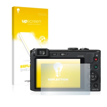 Parte frontal de un envase de producto con el logotipo de la marca upscreen. Al lado se muestra el dispositivo Panasonic Lumix
