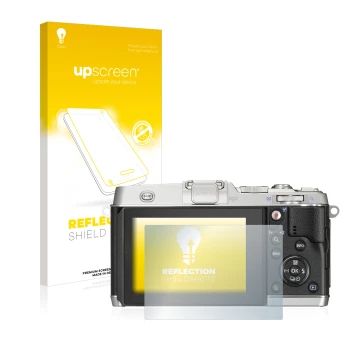 Parte frontal de un envase de producto con el logotipo de la marca upscreen. Al lado se muestra el dispositivo Olympus PEN E-P
