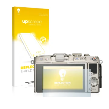 Parte frontal de un envase de producto con el logotipo de la marca upscreen. Al lado se muestra el dispositivo Olympus PEN E-P