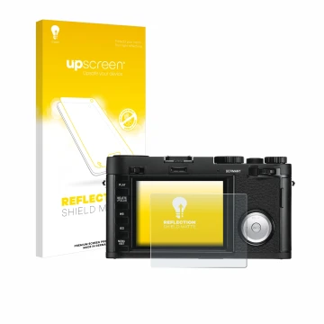 Parte frontal de un envase de producto con el logotipo de la marca upscreen. Al lado se muestra el dispositivo Leica X Vario c