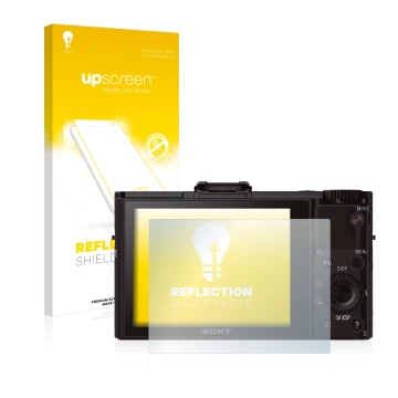 Parte frontal de un envase de producto con el logotipo de la marca upscreen. Al lado se muestra el dispositivo Sony Cyber-Shot