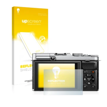 Parte frontal de un envase de producto con el logotipo de la marca upscreen. Al lado se muestra el dispositivo Fujifilm X-M1 c