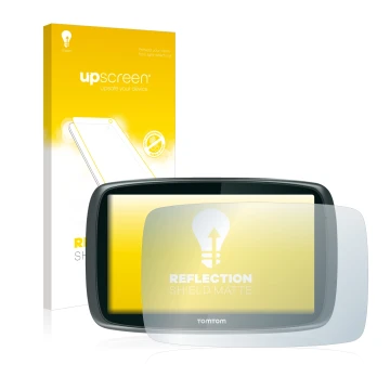 Parte frontal de un envase de producto con el logotipo de la marca upscreen. Al lado se muestra el dispositivo TomTom GO 6000 