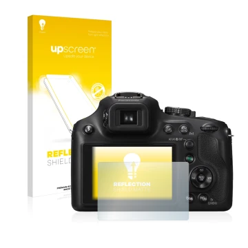 Parte frontal de un envase de producto con el logotipo de la marca upscreen. Al lado se muestra el dispositivo Panasonic Lumix