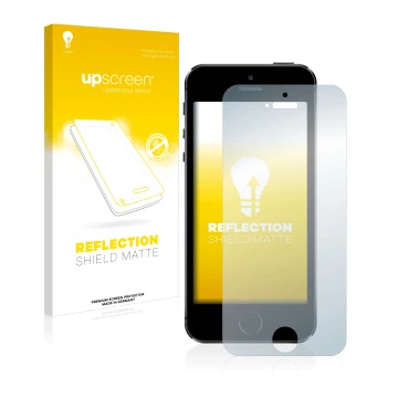 Parte frontal de un envase de producto con el logotipo de la marca upscreen. Al lado se muestra el dispositivo Apple iPhone 5S