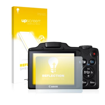 Parte frontal de un envase de producto con el logotipo de la marca upscreen. Al lado se muestra el dispositivo Canon PowerShot