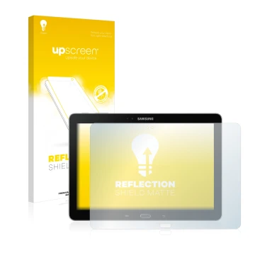 Parte frontal de un envase de producto con el logotipo de la marca upscreen. Al lado se muestra el dispositivo Samsung Galaxy 