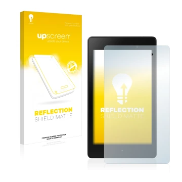 Parte frontal de un envase de producto con el logotipo de la marca upscreen. Al lado se muestra el dispositivo ASUS Nexus 7 Ta
