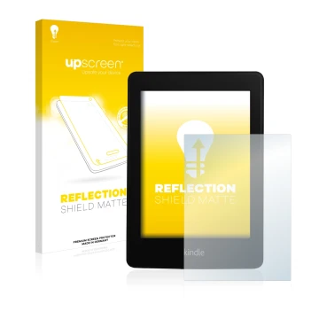 Parte frontal de un envase de producto con el logotipo de la marca upscreen. Al lado se muestra el dispositivo Amazon Kindle P