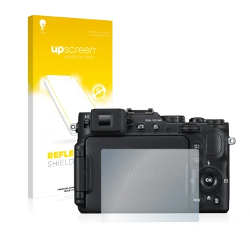 Parte frontal de un envase de producto con el logotipo de la marca upscreen. Al lado se muestra el dispositivo Nikon Coolpix P