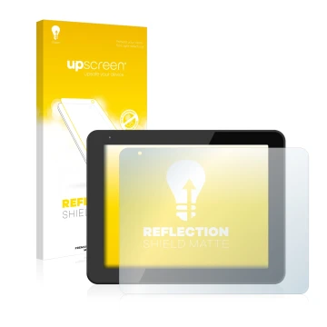 Parte frontal de un envase de producto con el logotipo de la marca upscreen. Al lado se muestra el dispositivo BQ Curie 2 con 