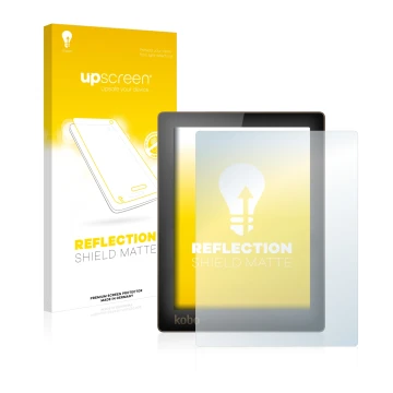 Parte frontal de un envase de producto con el logotipo de la marca upscreen. Al lado se muestra el dispositivo Kobo Aura con s