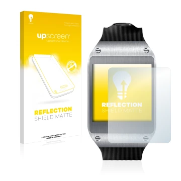 Parte frontal de un envase de producto con el logotipo de la marca upscreen. Al lado se muestra el dispositivo Samsung Galaxy 