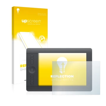 Parte frontal de un envase de producto con el logotipo de la marca upscreen. Al lado se muestra el dispositivo Wacom Intuos Pr