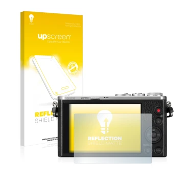 Parte frontal de un envase de producto con el logotipo de la marca upscreen. Al lado se muestra el dispositivo Panasonic Lumix