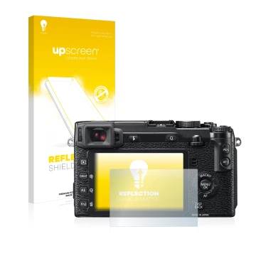 Parte frontal de un envase de producto con el logotipo de la marca upscreen. Al lado se muestra el dispositivo Fujifilm X-E2 c