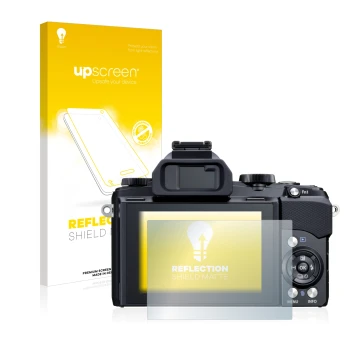 Parte frontal de un envase de producto con el logotipo de la marca upscreen. Al lado se muestra el dispositivo Olympus Stylus 