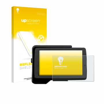 Parte frontal de un envase de producto con el logotipo de la marca upscreen. Al lado se muestra el dispositivo BMW R 1200 GS 2