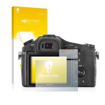 Parte frontal de un envase de producto con el logotipo de la marca upscreen. Al lado se muestra el dispositivo Sony Cyber-Shot